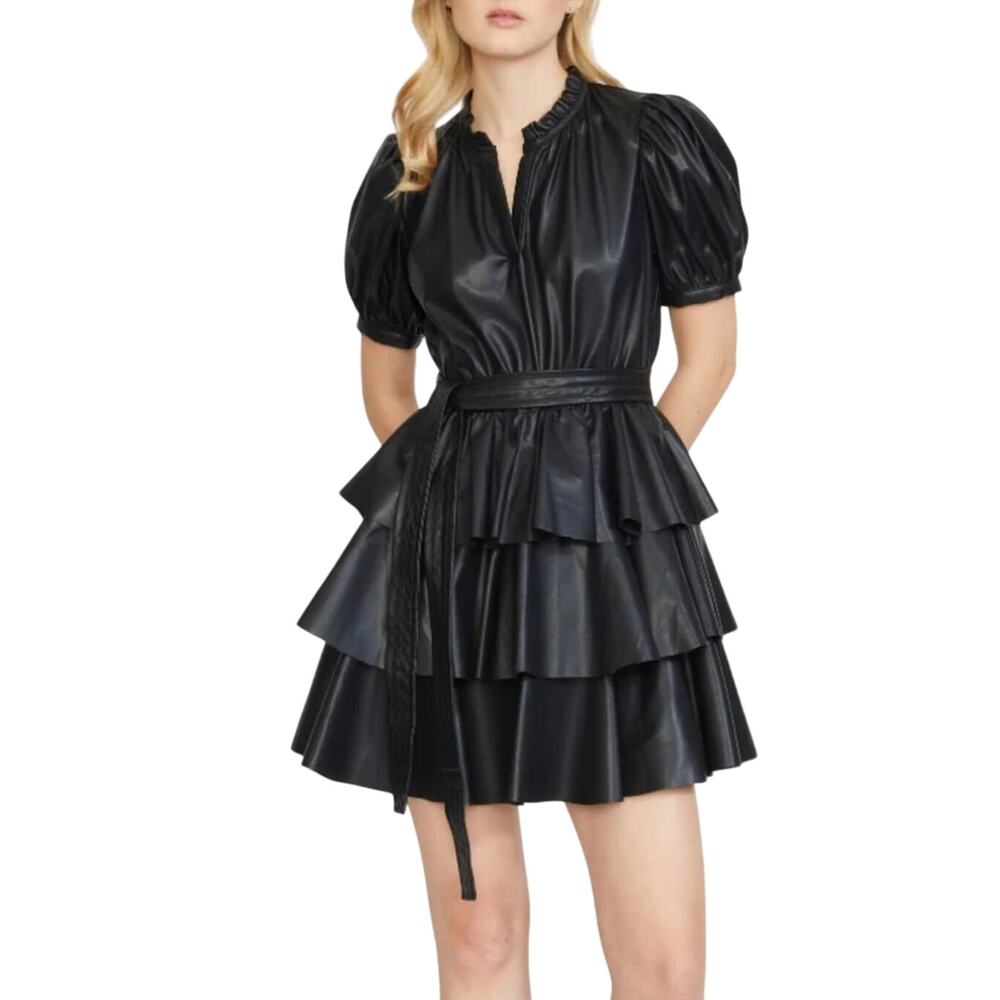 Stellah Womens Vegan Leather Black tiered Dress With Wrap Belt Size L NWT